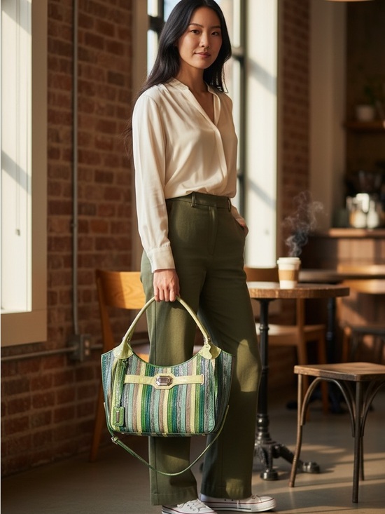 Marc Chantal Handbags - M.C. Marc Chantal Striped Green and Blue Shoulder Bag